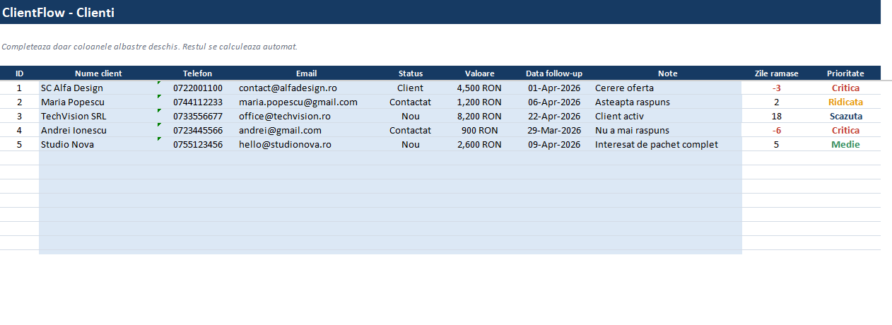 CRM clienti Excel – gestiune completa si organizare clienti | Gaxxil