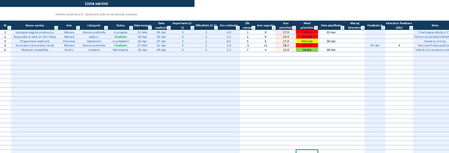 Task management Excel – organizare sarcini si productivitate | Gaxxil